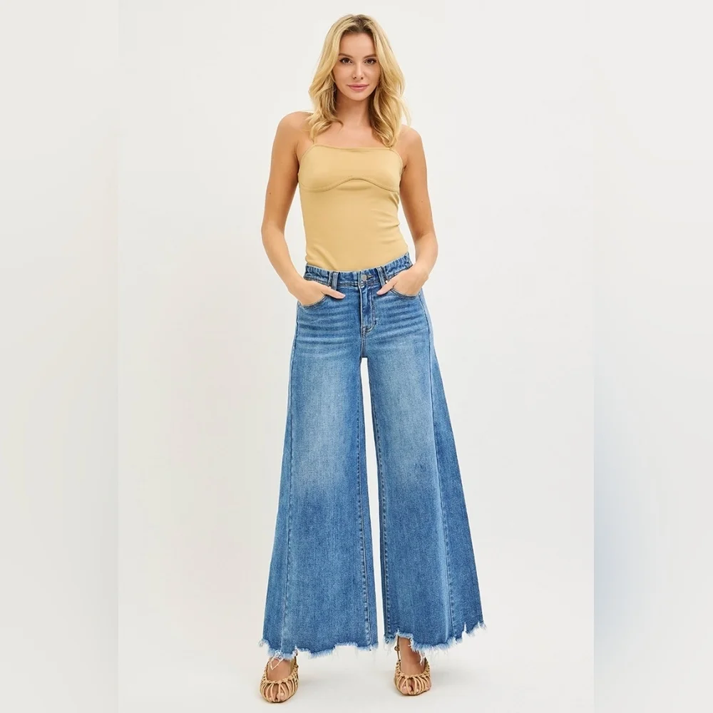 Risen High Rise Slim Fit Ultra Wide Leg Jeans Retro Frayed Raw Hem Denim Pants - Picture 4 of 15